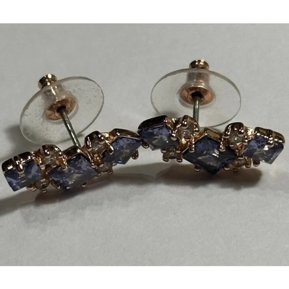 2Pc Blue Crystal Earrings Lot Rose Gold Tone Studs Elegant Gift Jewelry